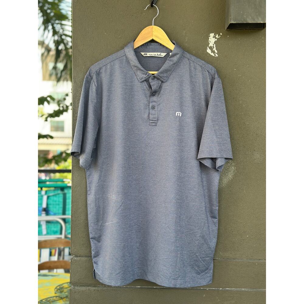 Travis Mathew Mens XL Blue Gingham Micro-Check Plaid Performance Golf Polo Shirt